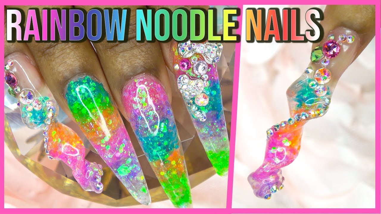 Acrylic Nails Tutorial - How To Noodle Nails - Encapsulated Rainbow Glitter Nails with Nail Forms