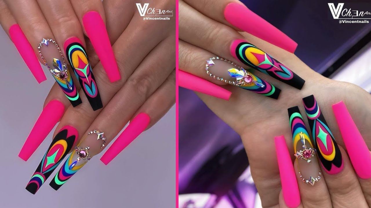 ABSTRACT NAIL ART TUTORIAL | SUMMER NEON GEL NAILS | PINK MATTE ACRYLIC NAILS | NAILS FASCINATION